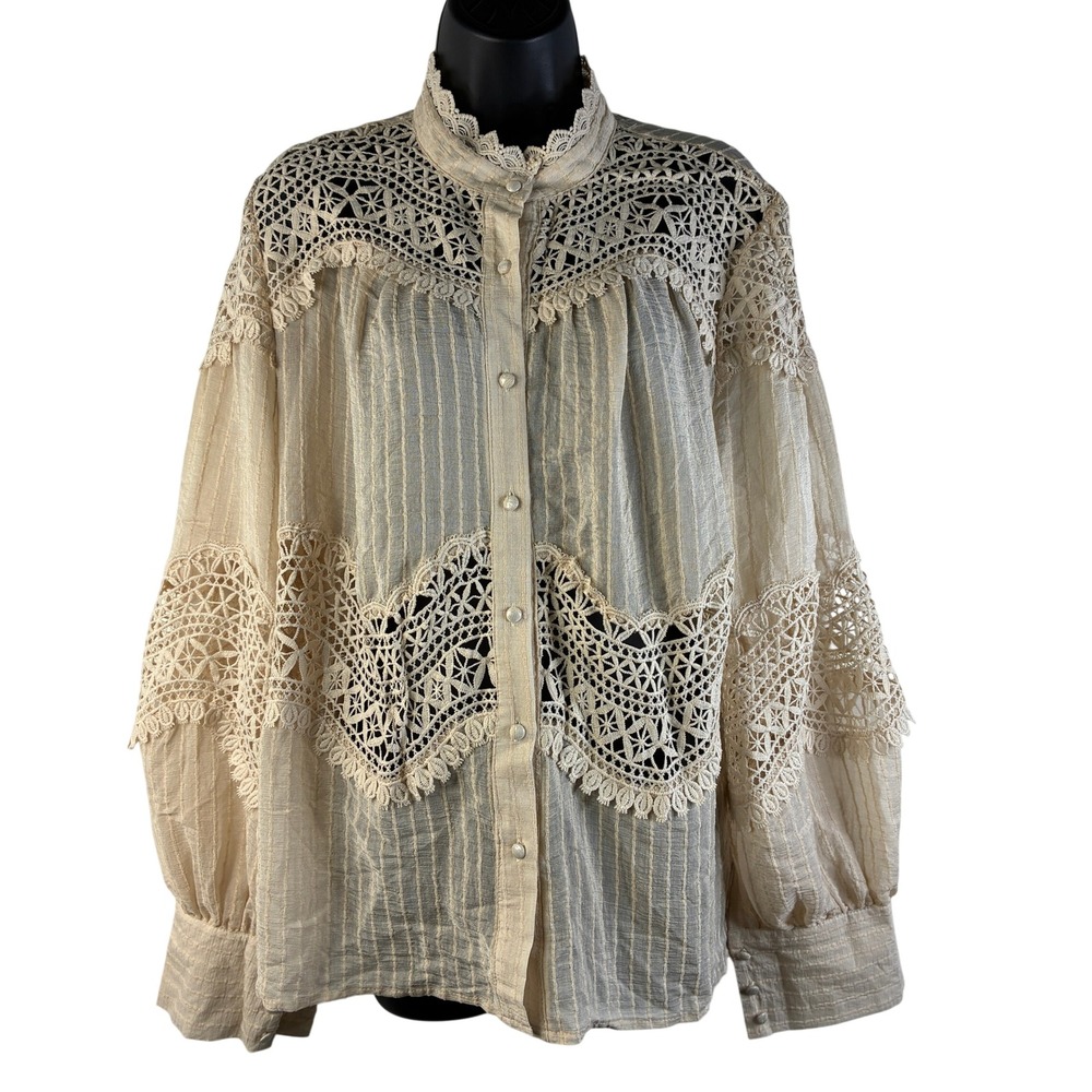 NWT Jollya Paris Beige Crochet Lace Boho Blouse Balloon Sleeve Button Front L/XL - Picture 3 of 16